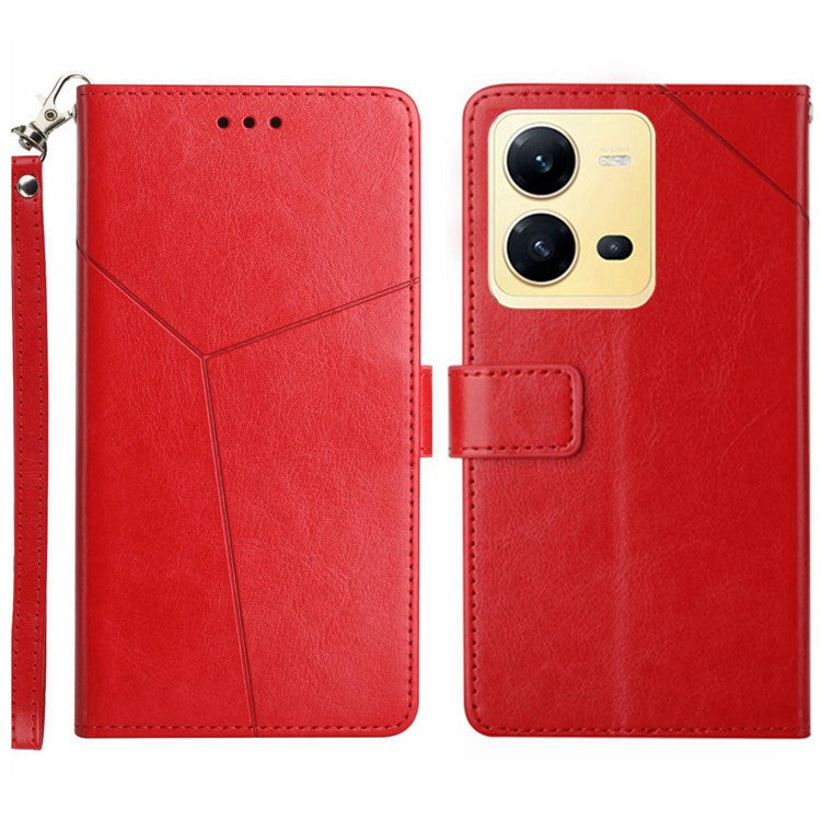 For vivo X80 Lite 5G / V25 5G HT01 PU Leather Book Wallet Case Imprinted Y-Shaped Lines Magnetic Folio Flip Stand Cover with Strap - Red