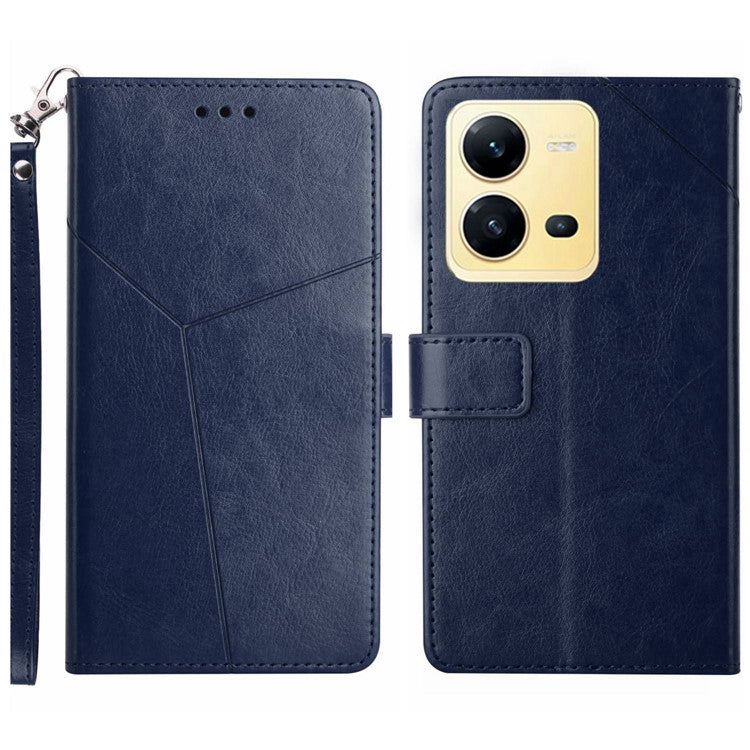 For vivo X80 Lite 5G / V25 5G HT01 PU Leather Book Wallet Case Imprinted Y-Shaped Lines Magnetic Folio Flip Stand Cover with Strap - Blue