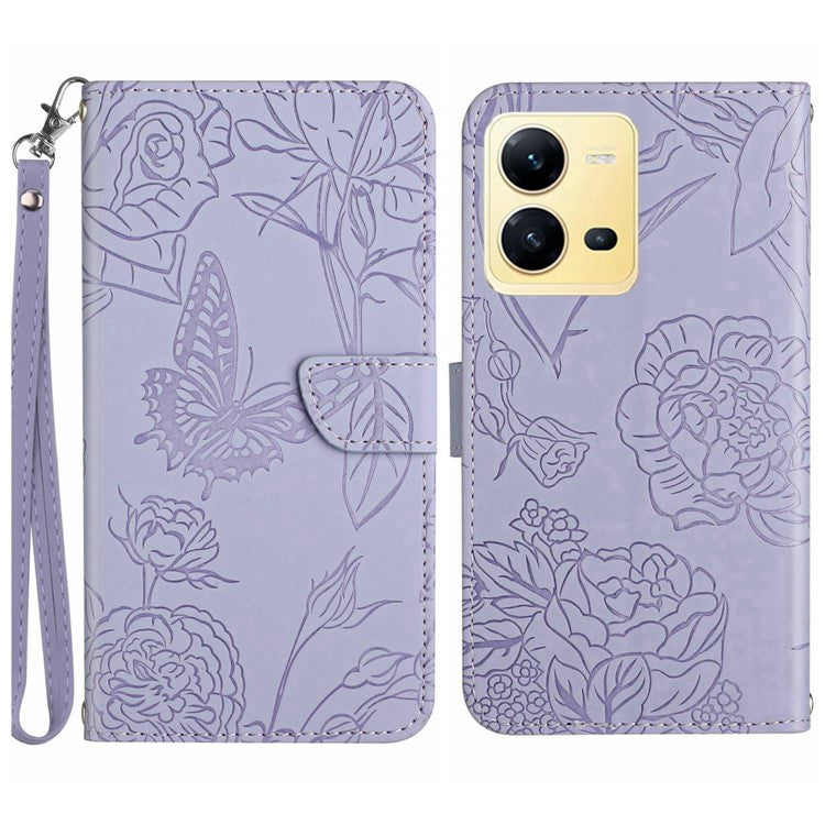 For vivo X80 Lite 5G / V25 5G HT03 Imprinted Butterfly Flowers Wallet Case Skin-touch PU Leather Magnetic Closure Flip Stand Cover with Strap - Light Purple