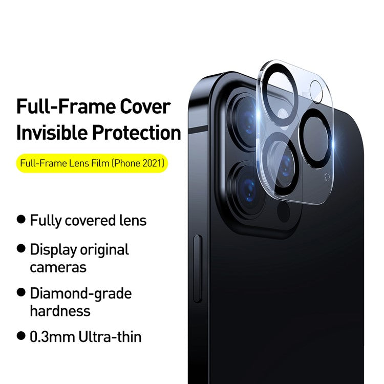 2Pcs/Set BASEUS Full-Frame Lens Film Ultra Clear Tempered Glass Camera Lens Protector for iPhone 13 Pro 6.1 inch/13 Pro Max 6.7 inch Three Camera (2021) - Transparent