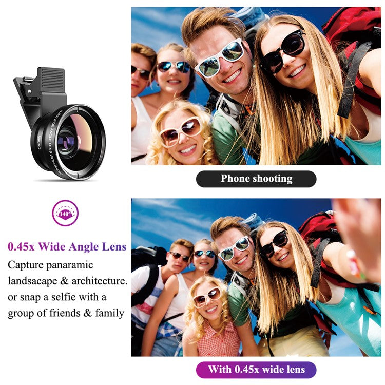 APEXEL 0.45x Universal Super Wide Angle 12.5x Macro SLR Effect External Camera Phone Lens