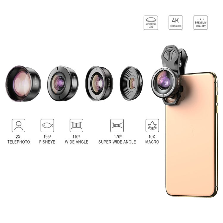 APEXEL 5 in 1 Cellphone Lens Kit 195° Fisheye Lens 110° Wide Angle Lens 10X Macro Lens 2X Telephoto Lens 170° Super Wide Angle Lens (APL-HB5IN1)