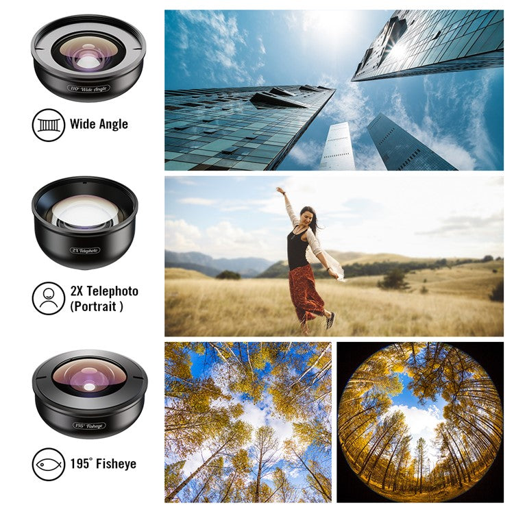 APEXEL 5 in 1 Cellphone Lens Kit 195° Fisheye Lens 110° Wide Angle Lens 10X Macro Lens 2X Telephoto Lens 170° Super Wide Angle Lens (APL-HB5IN1)