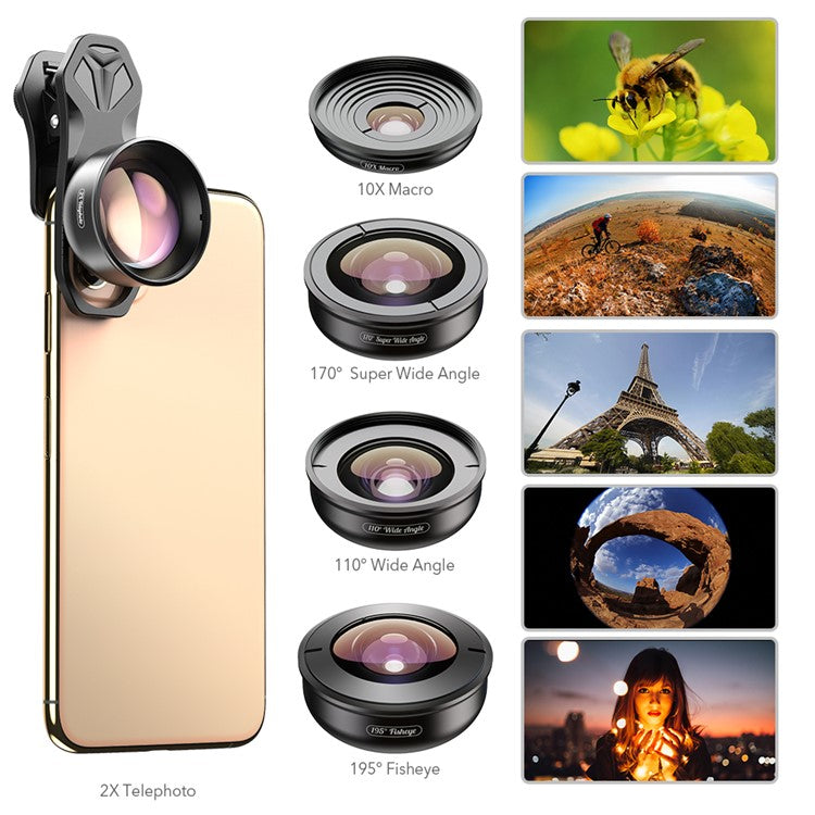 APEXEL 5 in 1 Cellphone Lens Kit 195° Fisheye Lens 110° Wide Angle Lens 10X Macro Lens 2X Telephoto Lens 170° Super Wide Angle Lens (APL-HB5IN1)