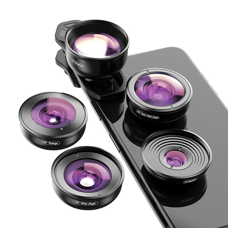 APEXEL 5 in 1 Cellphone Lens Kit 195° Fisheye Lens 110° Wide Angle Lens 10X Macro Lens 2X Telephoto Lens 170° Super Wide Angle Lens (APL-HB5IN1)