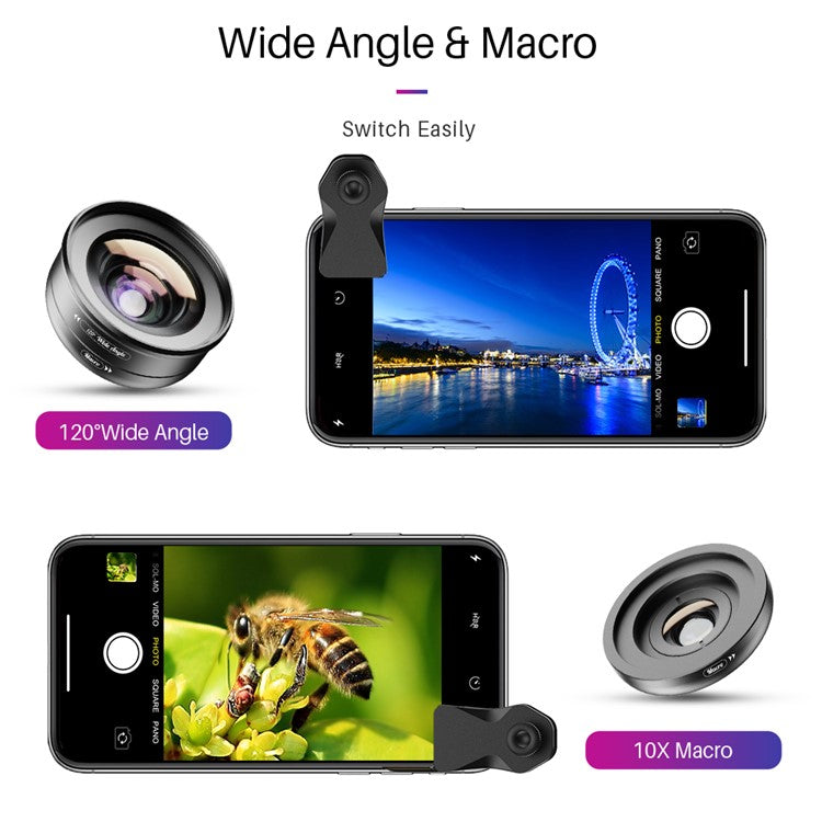 APEXEL APL-HB2IN1WM Phone Lens 2 in 1 Clip-on 10X Macro Lens + 120° Wide Angle Lens Kit