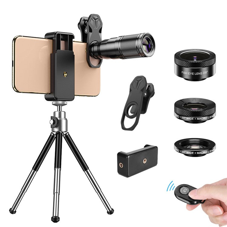 APEXEL Phone Camera Lens Kit, 22X Telephoto Lens + 120° Wide Angle Lens + 25X Macro Lens + 205° Fish Eye Lens