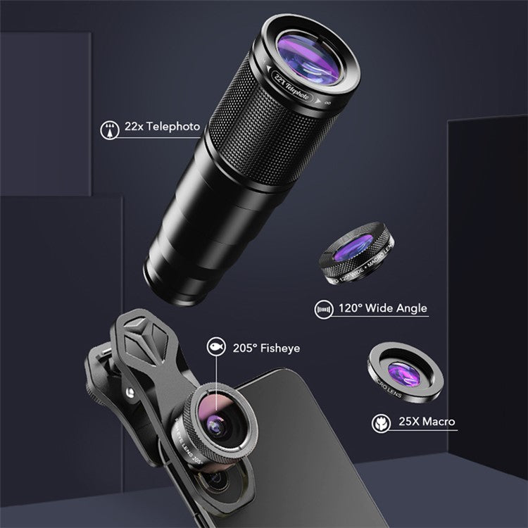 APEXEL Phone Camera Lens Kit, 22X Telephoto Lens + 120° Wide Angle Lens + 25X Macro Lens + 205° Fish Eye Lens