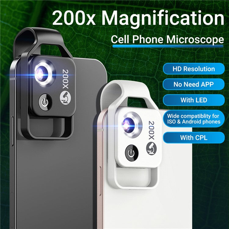 APEXEL APL-MS002CBK 200X Mobile Phone HD CPL Macro Lens Microscope with LED Light - Black