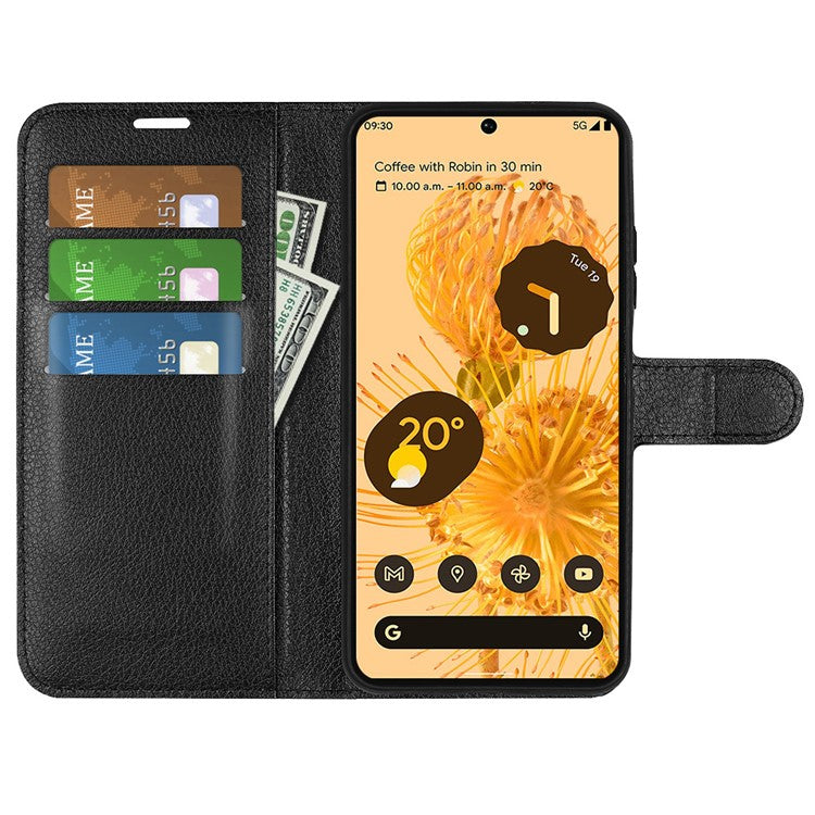 For Google Pixel 7 Pro 5G PU Leather Smartphone Cover Wallet Stand Litchi Texture Anti-scratch Case Shell - Black