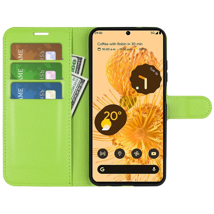 For Google Pixel 7 Pro 5G PU Leather Smartphone Cover Wallet Stand Litchi Texture Anti-scratch Case Shell - Green