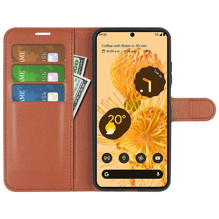 For Google Pixel 7 Pro 5G PU Leather Smartphone Cover Wallet Stand Litchi Texture Anti-scratch Case Shell - Brown