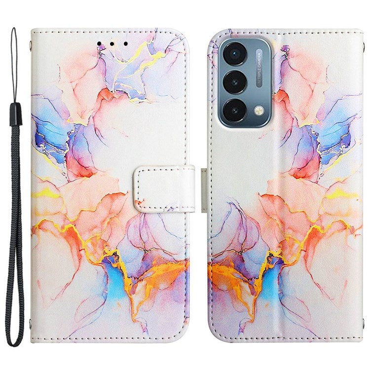 YB Pattern Printing Leather Series-5 for OnePlus Nord N200 5G/Oppo A74 5G, Marble Pattern Leather Wallet Case Adjustable Stand Shell + Strap - Milky Way Marble White LS004