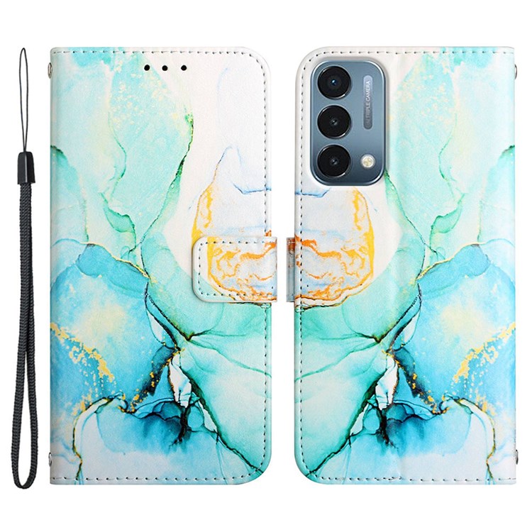 YB Pattern Printing Leather Series-5 for OnePlus Nord N200 5G/Oppo A74 5G, Marble Pattern Leather Wallet Case Adjustable Stand Shell + Strap - Green LS003