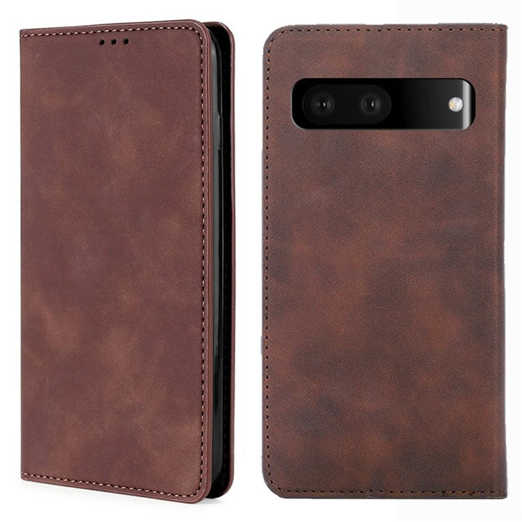 Soft Touch Magnetic Closure Phone Case for Google Pixel 7 5G Shockproof Folio Flip Cover Anti-Scratch PU Leather Protective Case with Stand - Dark Brown