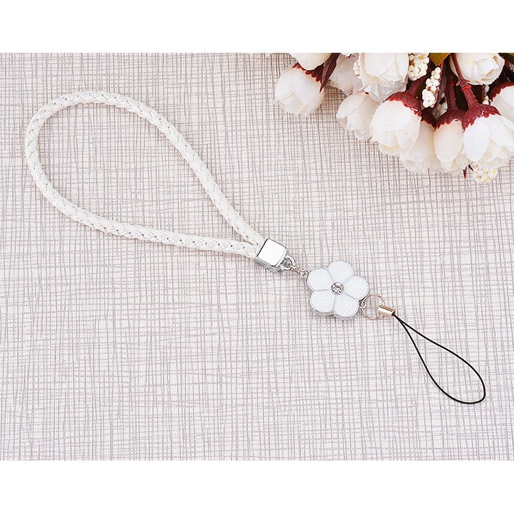 Short Nylon Woven Durable Wrist Lanyard Hand Strap Pretty Flower Pendant for Smartphones, Cameras etc. - White