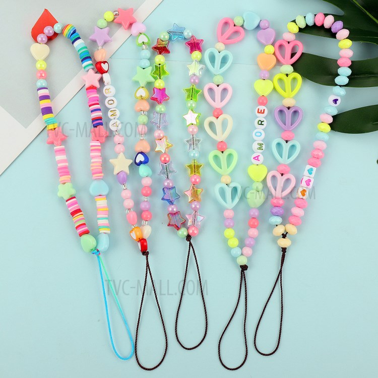 Flower Star Beaded Mobile Phone Wrist Strap Polymer Clay Resin Colorful Beads Phone Lanyard - B47-0304