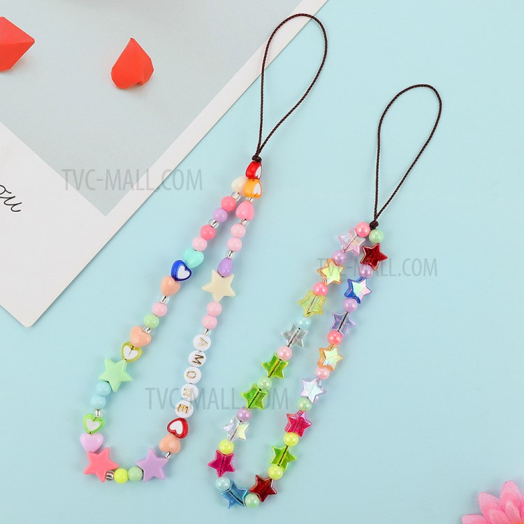 Flower Star Beaded Mobile Phone Wrist Strap Polymer Clay Resin Colorful Beads Phone Lanyard - B47-0304