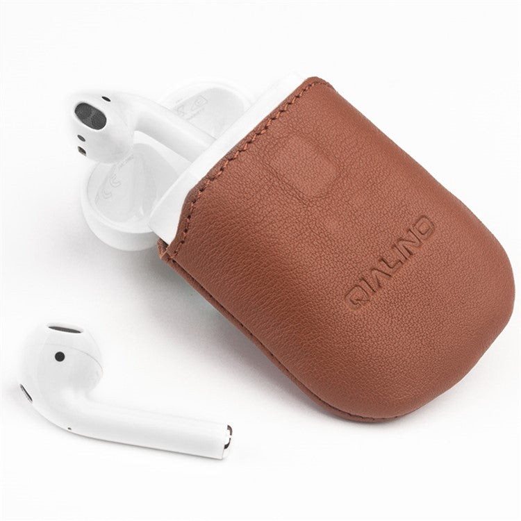 QIALINO Top-Layer Cowhide Leather Protective Pouch Bag for Apple Airpods Charging Case - Brown