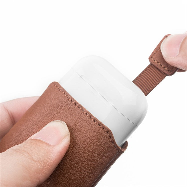 QIALINO Top-Layer Cowhide Leather Protective Pouch Bag for Apple Airpods Charging Case - Brown