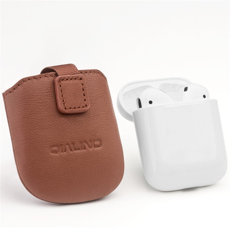 QIALINO Top-Layer Cowhide Leather Protective Pouch Bag for Apple Airpods Charging Case - Brown