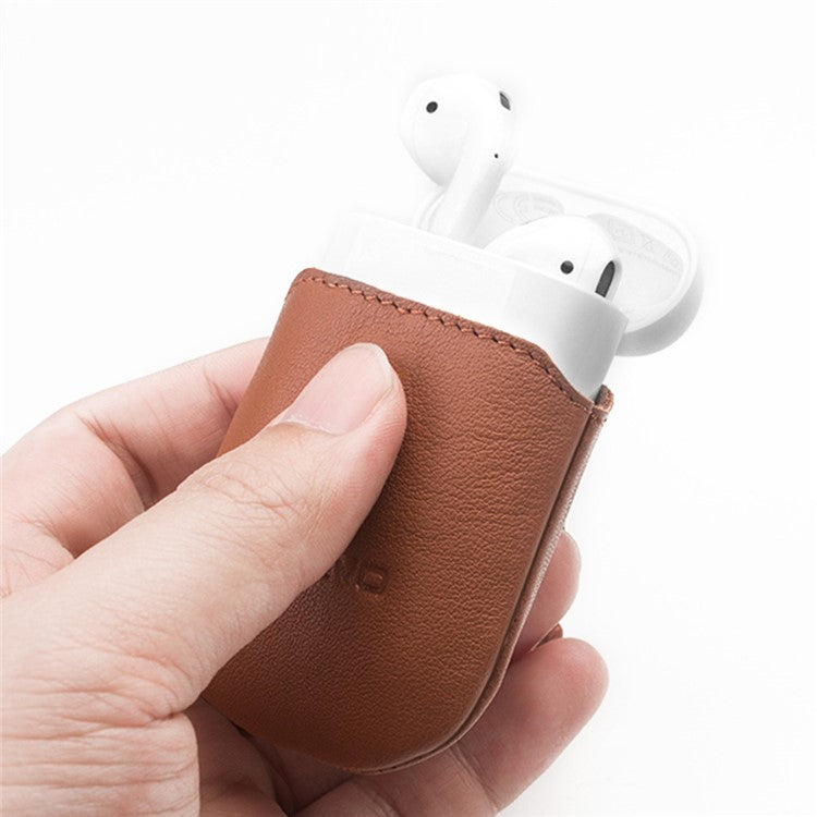 QIALINO Top-Layer Cowhide Leather Protective Pouch Bag for Apple Airpods Charging Case - Brown