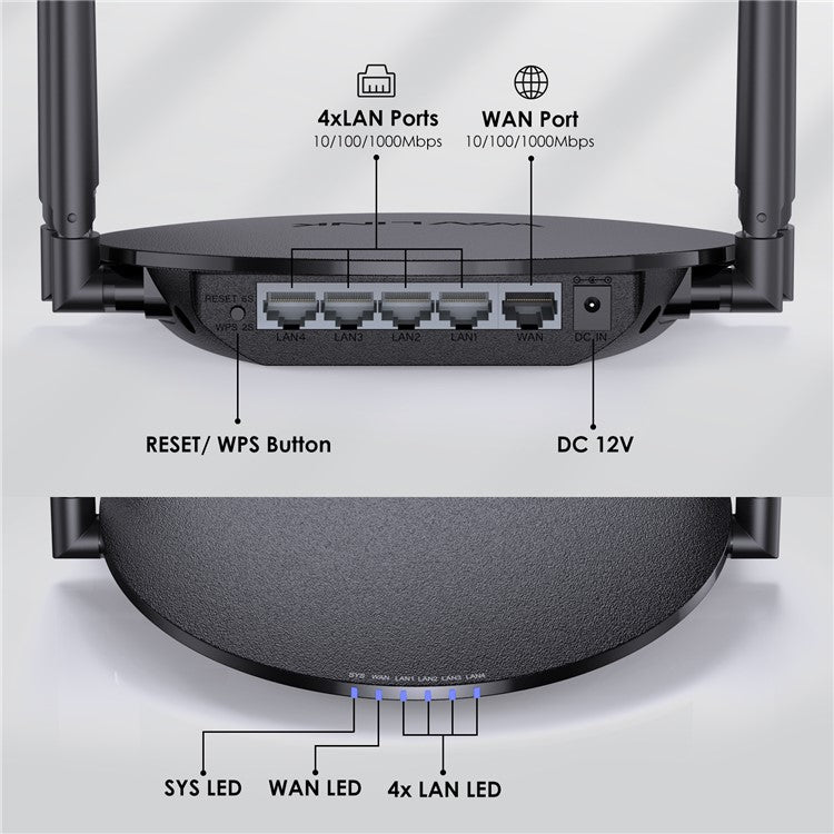 WAVLINK WN530G3 WiFi Router AC1200 Dual Band Wireless Repeater with 4x 5dBi Foldable Antenna - US Plug