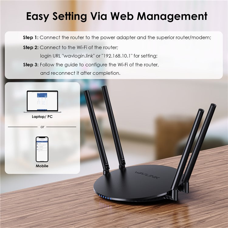 WAVLINK WN530G3 WiFi Router AC1200 Dual Band Wireless Repeater with 4x 5dBi Foldable Antenna - EU Plug