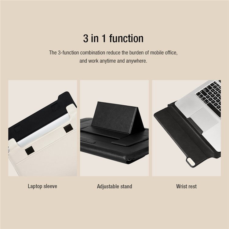 NILLKIN Multi-function Laptop Riser Cooling Bracket Waterproof PU Leather Laptop Sleeve Protective Bag for 16.1 Inch Notebook - Black/White