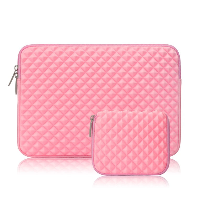 Solid Color Diamond Pattern Universal Laptop Carrying Sleeve Bag with Notebook Adapter Bag for 14-inch - 14.6-inch Laptop - Pink