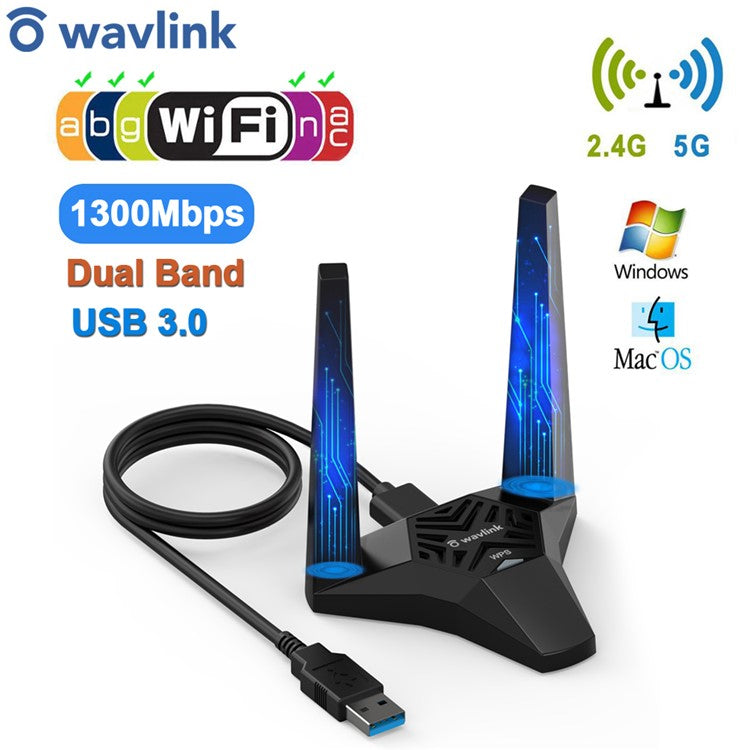 WAVLINK WS-WN692A3-A High Speed AC1300M 2.4GHz / 5GHz Wireless Dual Band USB 3.0 Adapter for Lag-Free Video Streaming / Gaming