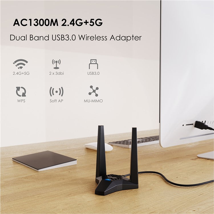 WAVLINK WS-WN692A3-A High Speed AC1300M 2.4GHz / 5GHz Wireless Dual Band USB 3.0 Adapter for Lag-Free Video Streaming / Gaming