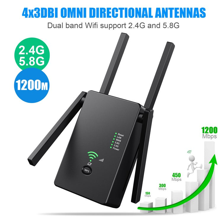 U6 1200m Wireless Router Network Extender Wi-Fi Repeater with External Antenna, WiFi Signal Booster - Black / US Plug