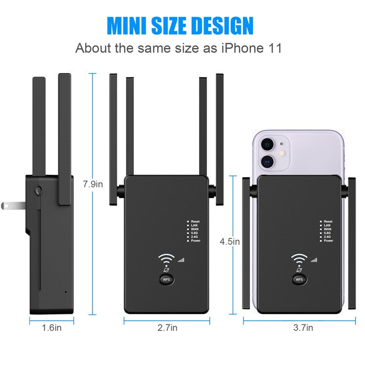 U6 1200m Wireless Router Network Extender Wi-Fi Repeater with External Antenna, WiFi Signal Booster - Black / US Plug