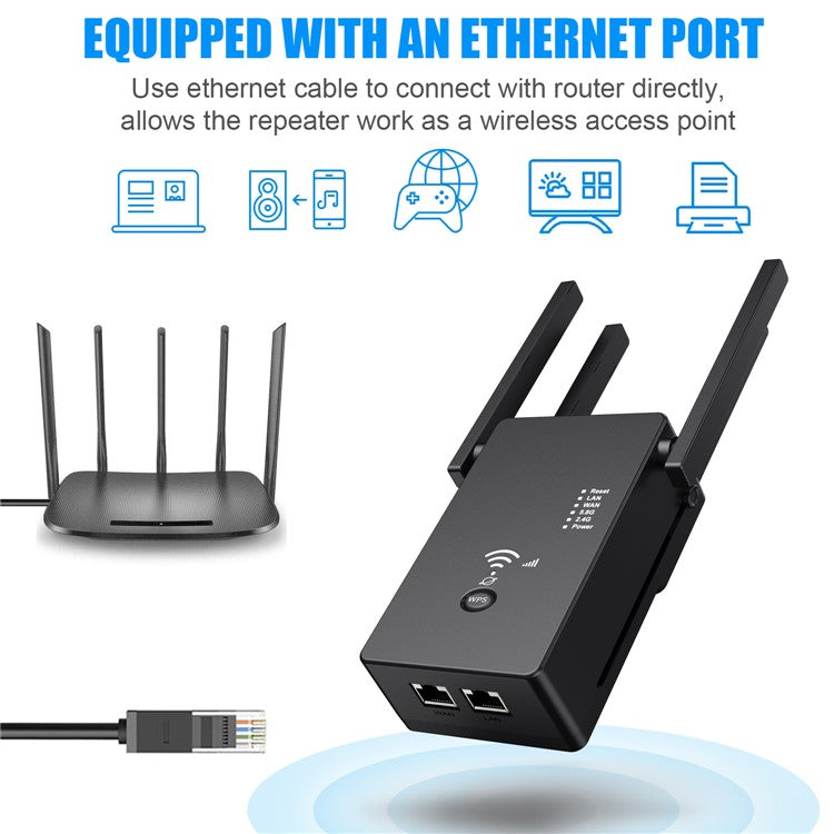 U6 1200m Wireless Router Network Extender Wi-Fi Repeater with External Antenna, WiFi Signal Booster - Black / EU Plug