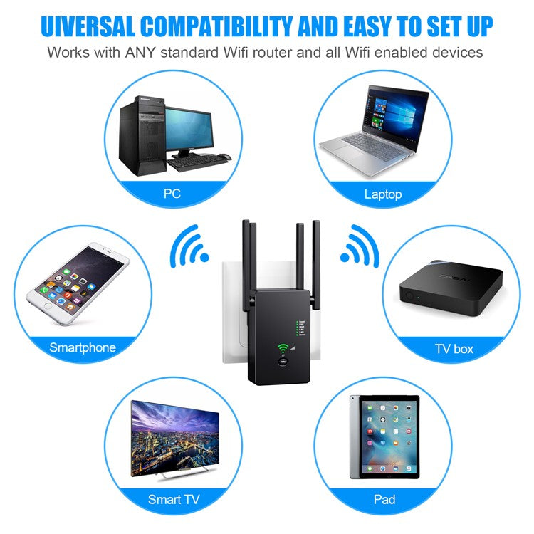 U6 1200m Wireless Router Network Extender Wi-Fi Repeater with External Antenna, WiFi Signal Booster - Black / EU Plug