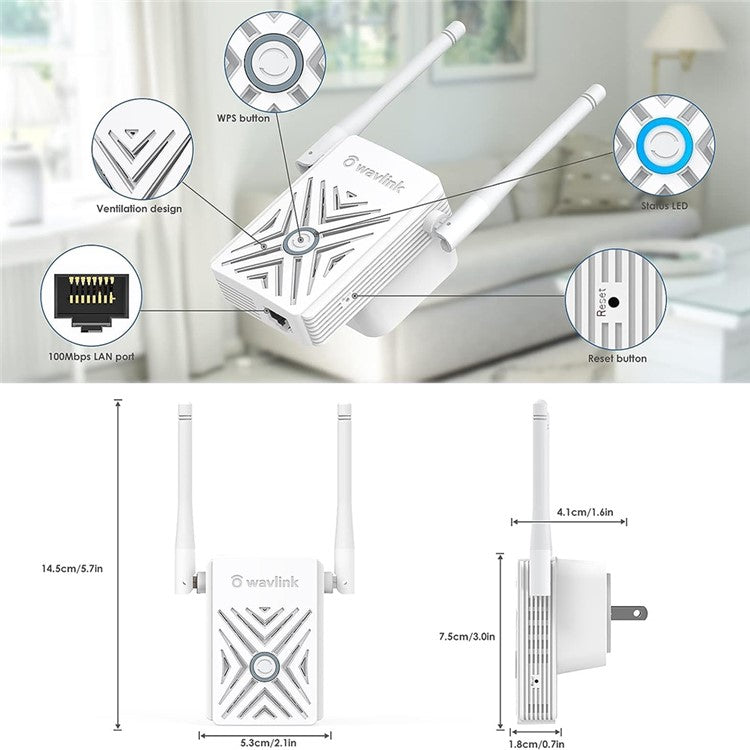 WAVLINK WS-WN578W2-A Signal Amplifier N300 WiFi Wireless AP Repeater Signal Booster with 2 Antennas for Home Office - US Plug