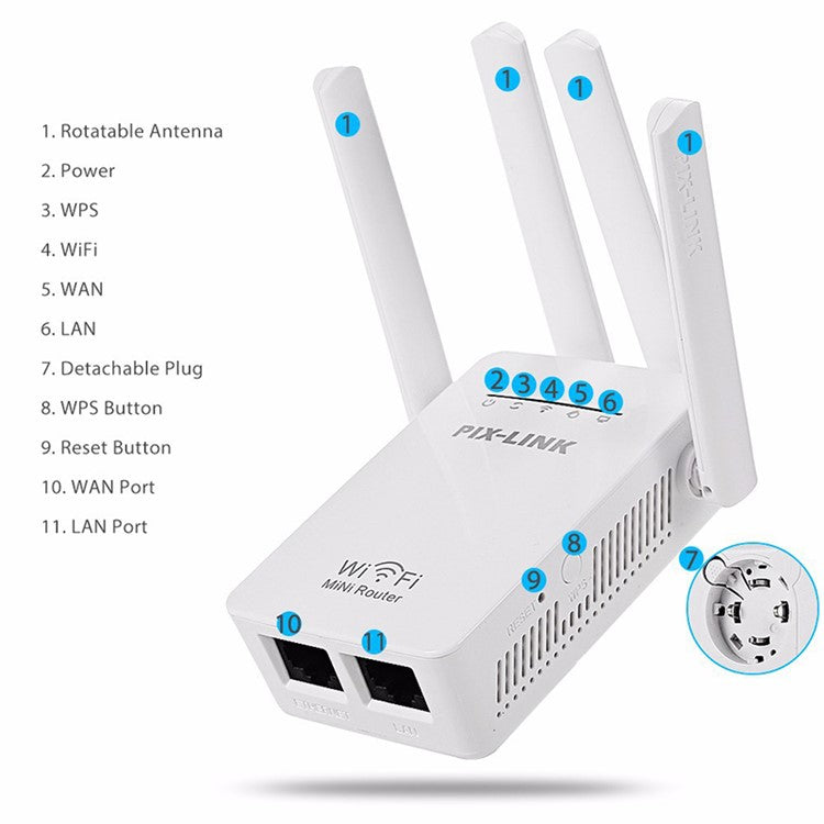 PIX-LINK WiFi Range Extender WIFI Signal Booster 300Mbps Internet Booster Easy Setup Wireless Repeater - US Plug