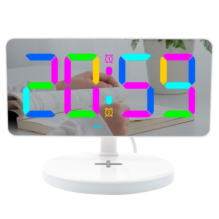 TS-3001X-B Mirror Surface Digital LED Clock 15W Phone Wireless Charger RGB Night Light - White