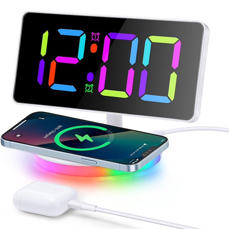 TS-3001X-B Mirror Surface Digital LED Clock 15W Phone Wireless Charger RGB Night Light - White