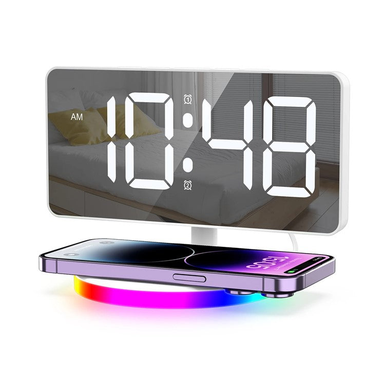 TS-3001X-B Mirror Surface Digital LED Clock 15W Phone Wireless Charger RGB Night Light - White