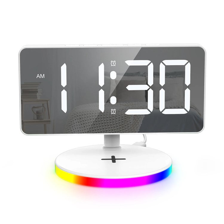 TS-3001X-B Mirror Surface Digital LED Clock 15W Phone Wireless Charger RGB Night Light - White