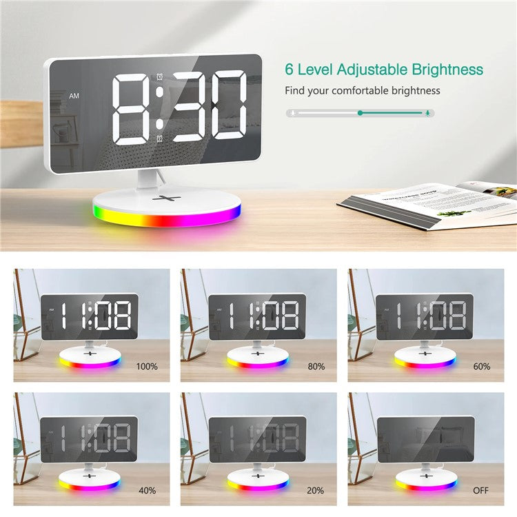 TS-3001X-B Mirror Surface Digital LED Clock 15W Phone Wireless Charger RGB Night Light - White