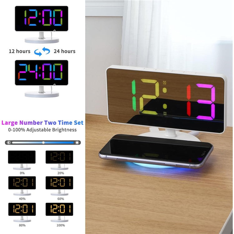 TS-3001X-B Mirror Surface Digital LED Clock 15W Phone Wireless Charger RGB Night Light - White