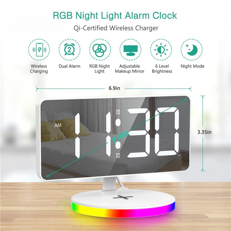 TS-3001X-B Mirror Surface Digital LED Clock 15W Phone Wireless Charger RGB Night Light - White