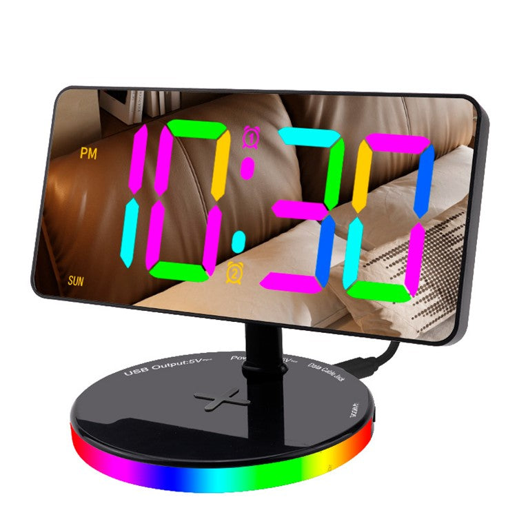 TS-3001X-B Mirror Surface Digital LED Clock 15W Phone Wireless Charger RGB Night Light - Black