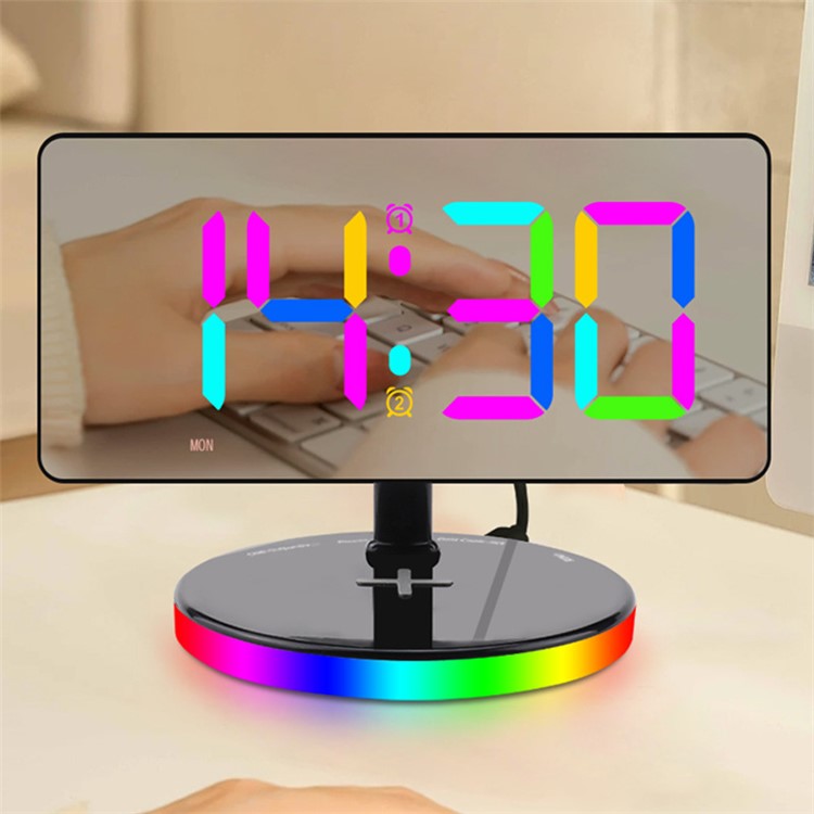 TS-3001X-B Mirror Surface Digital LED Clock 15W Phone Wireless Charger RGB Night Light - Black