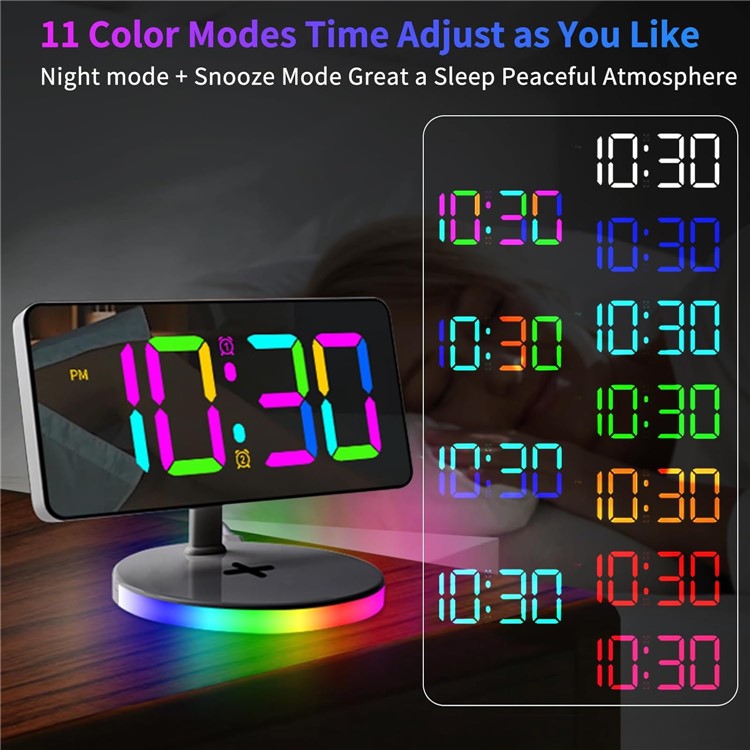 TS-3001X-B Mirror Surface Digital LED Clock 15W Phone Wireless Charger RGB Night Light - Black