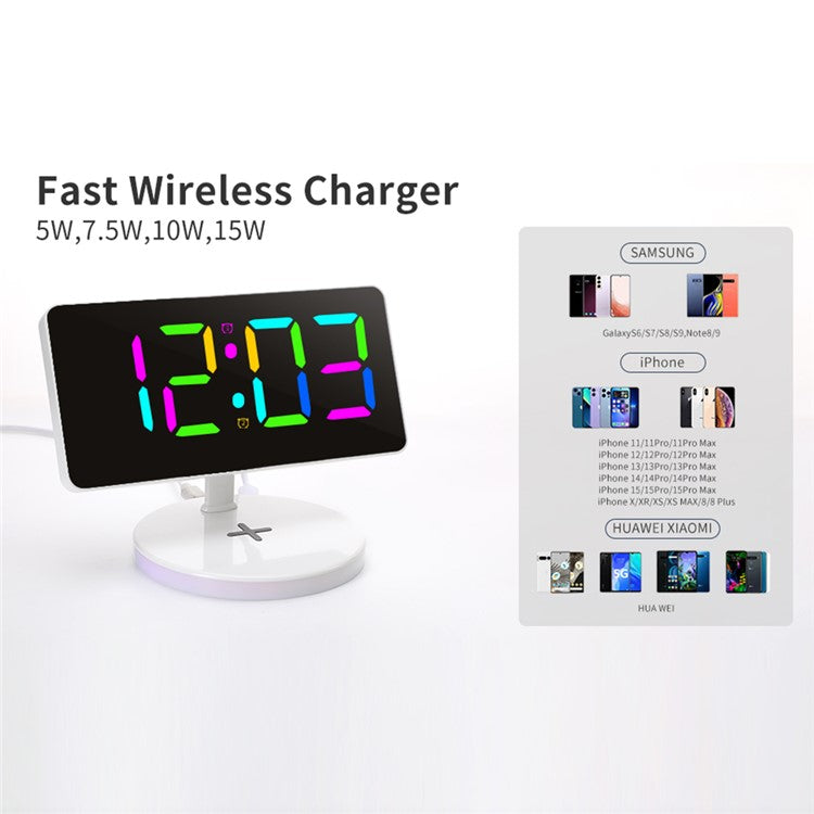 TS-3001X-B Mirror Surface Digital LED Clock 15W Phone Wireless Charger RGB Night Light - Black