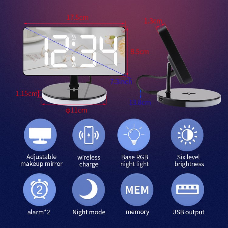 TS-3001-B White LED Digital Alarm Clock 15W Phone Wireless Charger Night Light